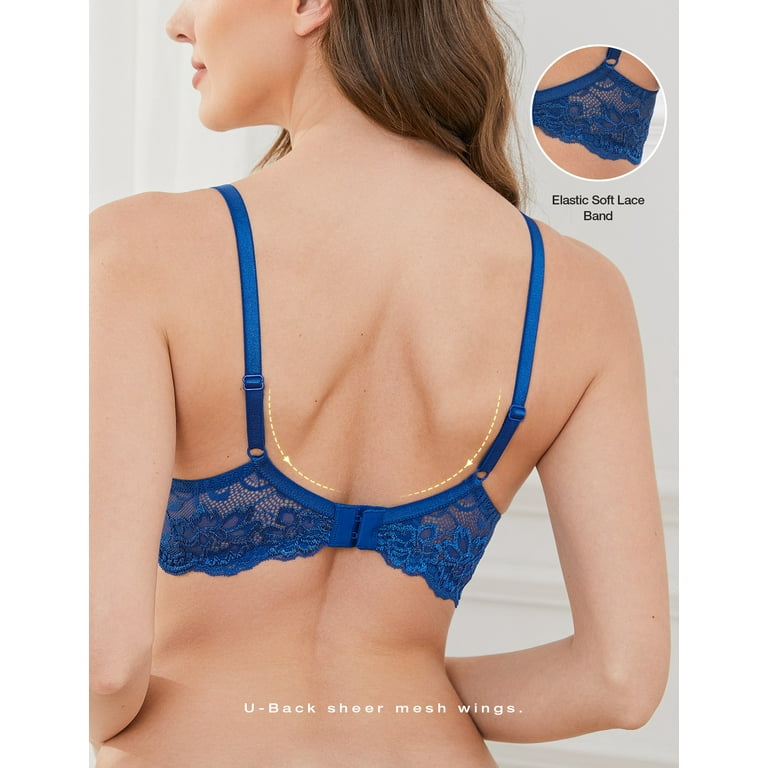 Deyllo Women's Push Up Bra Padded Plunge Add Cups Underwire Sexy Lace Lift  Up Bra, royal blue 32C