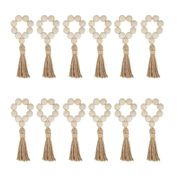 12PCS Wooden Bead Napkin Rings with Jute Tassels, Farmhouse Rustic Elastic Napkin Rings for Parties, Weddings, Banquets, and Dinner Table Decor