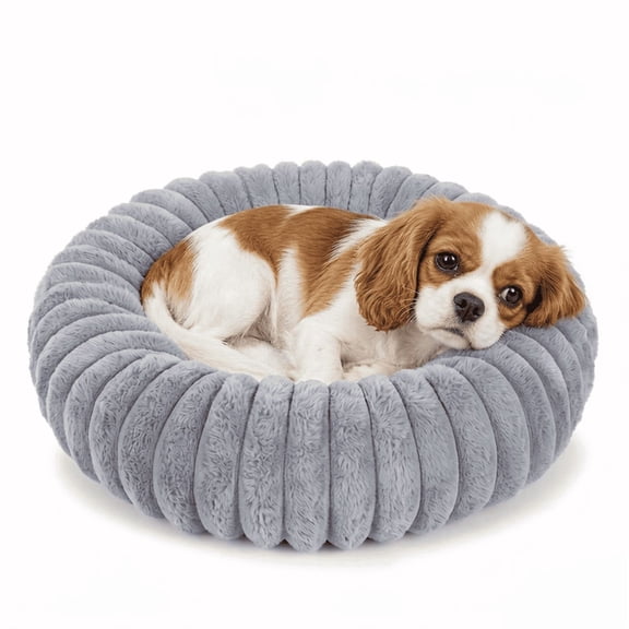 Exclusivo Mezcla Calming Donut Dog Bed with Non-Slip Bottom, 20 inches Cozy Fluffy Faux Rabbit Fur Round Pet Bed for Small Dogs, Light Grey