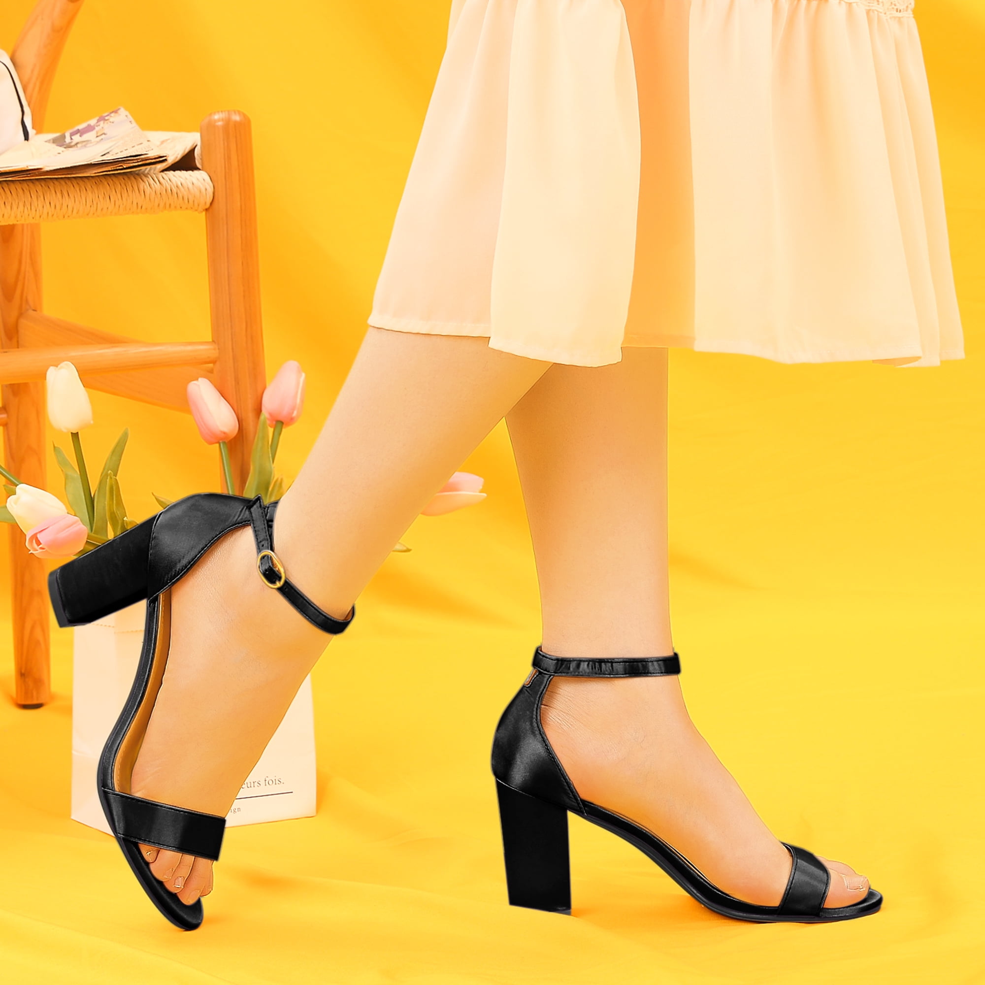 DARING DIVA Women's Satin Ankle Strap Chunky Heels Black 7