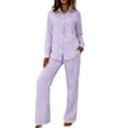 thumbnail image 2 of Womens Pajama Sets Fall Winter Solid Long Sleeve Button Down Shirt Long Pants Loose Loungewear Purple XL, 2 of 4
