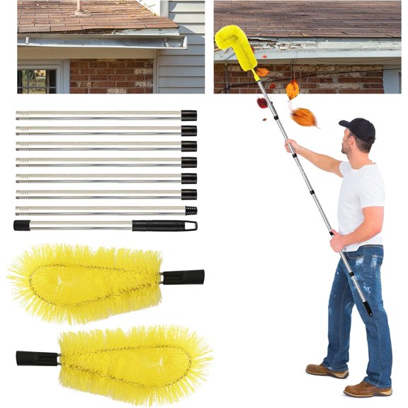 Gutter Cleaning Brush Extendable Guard Cleaner Tool with 8 Pcs Telescoping Handle Extension Pole 10ft, Gutter Cleaning Tools from The Ground for Easy Removing Leaves Debris Window Cleaner (Yellow)