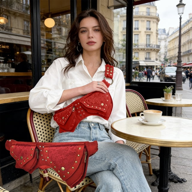 Riñonera Steampunk para Mujer - Bolso Bandolera Vintage Retro con Remaches de Piel Sintética para Moto, Viajes, Festivales, Estilo Gótico Punk.