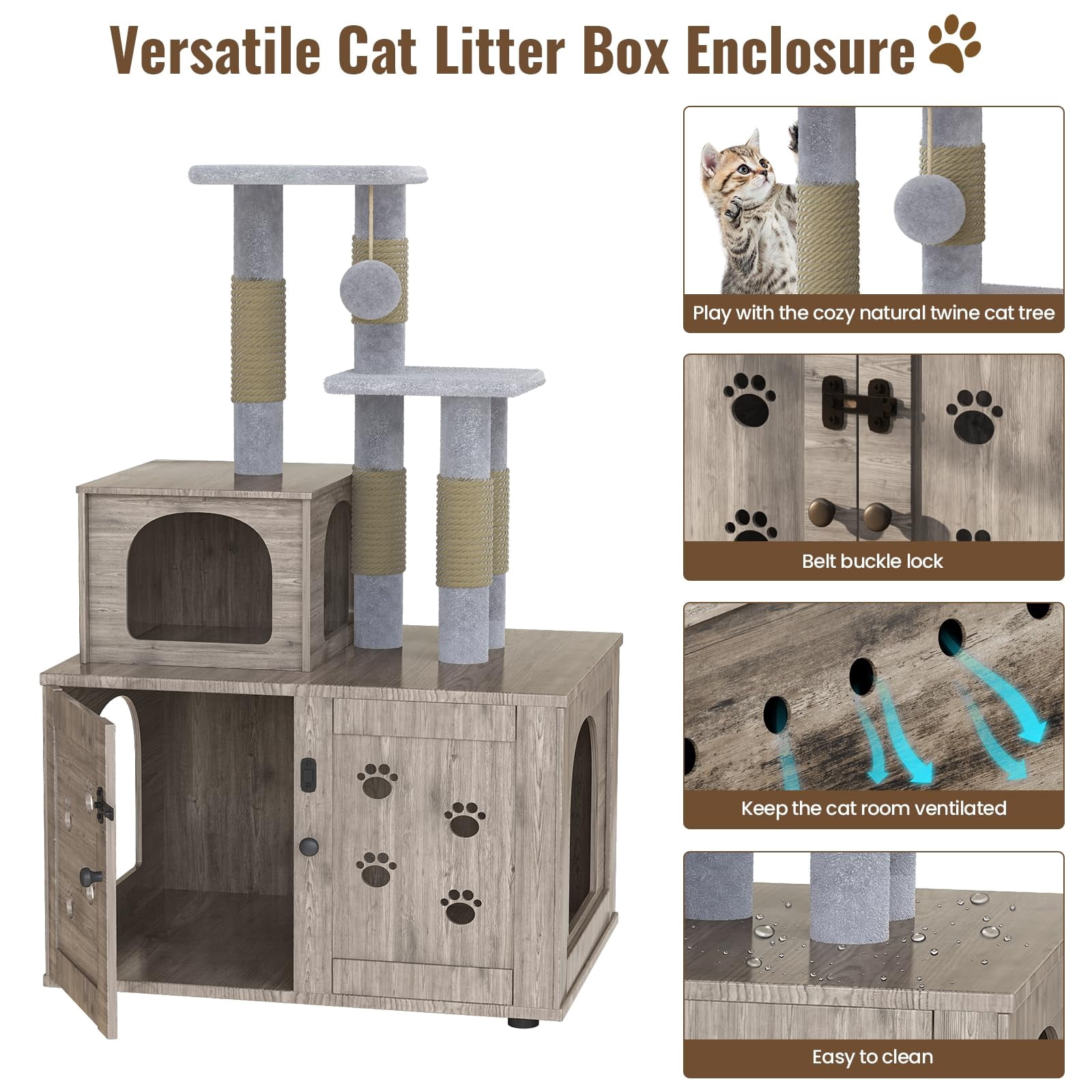 Baxluxe Cat Litter Box Enclosure with Cat Tree, Hidden Cat Washroom Furniture with Divider, Wooden Cat House with Platform, Scratching Post and Soft Plush Perch, Indoor Pet Cabinet, Gray