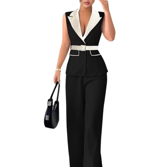 Women's Wide Leg Solid Color Fashion Vest Set Elegant 2 Piece Pants Top for Casual Lounge Black S
