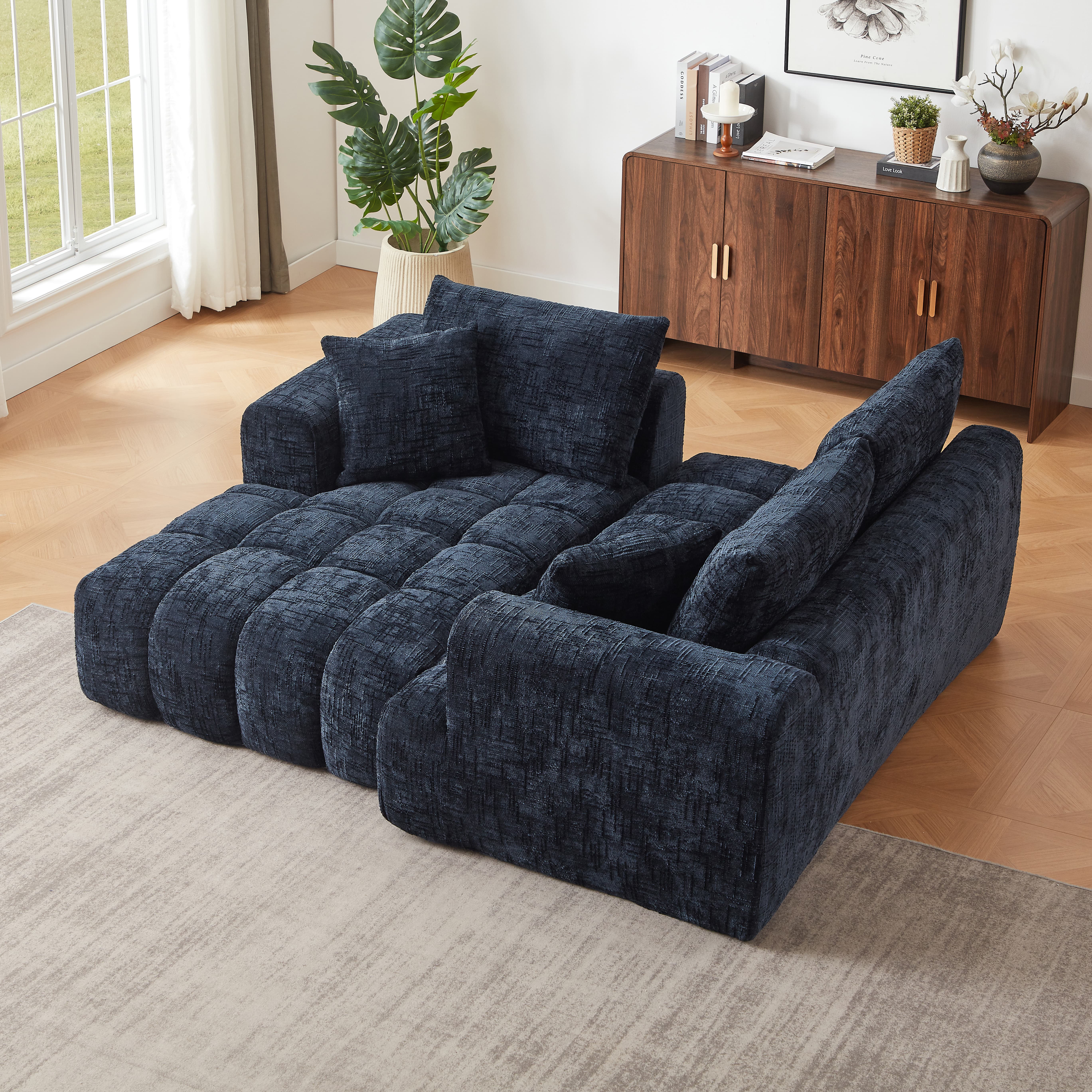 Aukfa 108" L-Shaped Oversized Sectional Sofa, Oversized Cloud Sectional Couch with Chaise & 2 Pillow, No Assembly Sponge Sleeper Couch for Living Room,Dark Blue