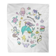 ASHLEIGH Throw Blanket 58x80 Inches Blue Under The Sea Little Mermaid Fishes and Starfish Collection Aqua Warm Flannel Soft Blanket for Couch Sofa Bed