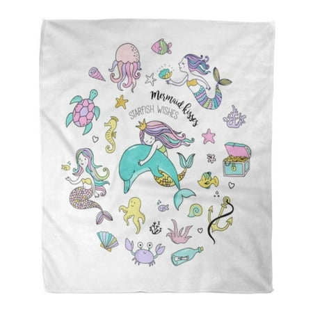 ASHLEIGH Throw Blanket 58x80 Inches Blue Under The Sea Little Mermaid Fishes and Starfish Collection Aqua Warm Flannel Soft Blanket for Couch Sofa Bed