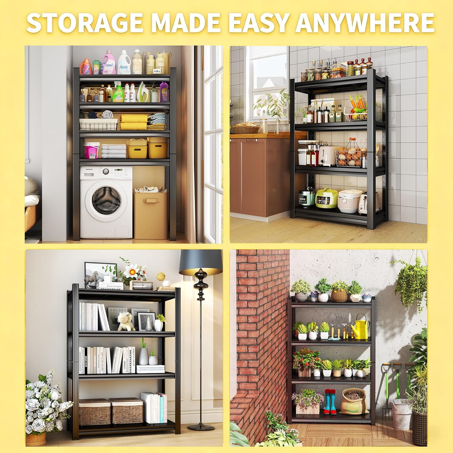 4-Tier Adjustable Storage Rack, Garage Organizer with Adjustable Shelves, Black