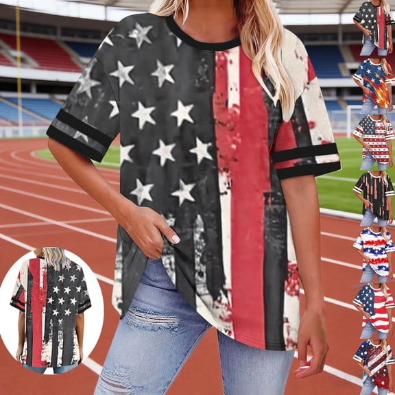 Gamivast Womens Flag Shirts Plus Size Crew Neck Baggy Fit Vintage Tops Striped Star Print Lightweight Short Sleeve 4Th of July T-Shirts Patriotic Independence Day Holiday Wear