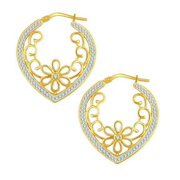 14K Gold Plated Sterling Silver Crystal Filigree Heart Adults Earrings by Brilliance Fine Jewellery