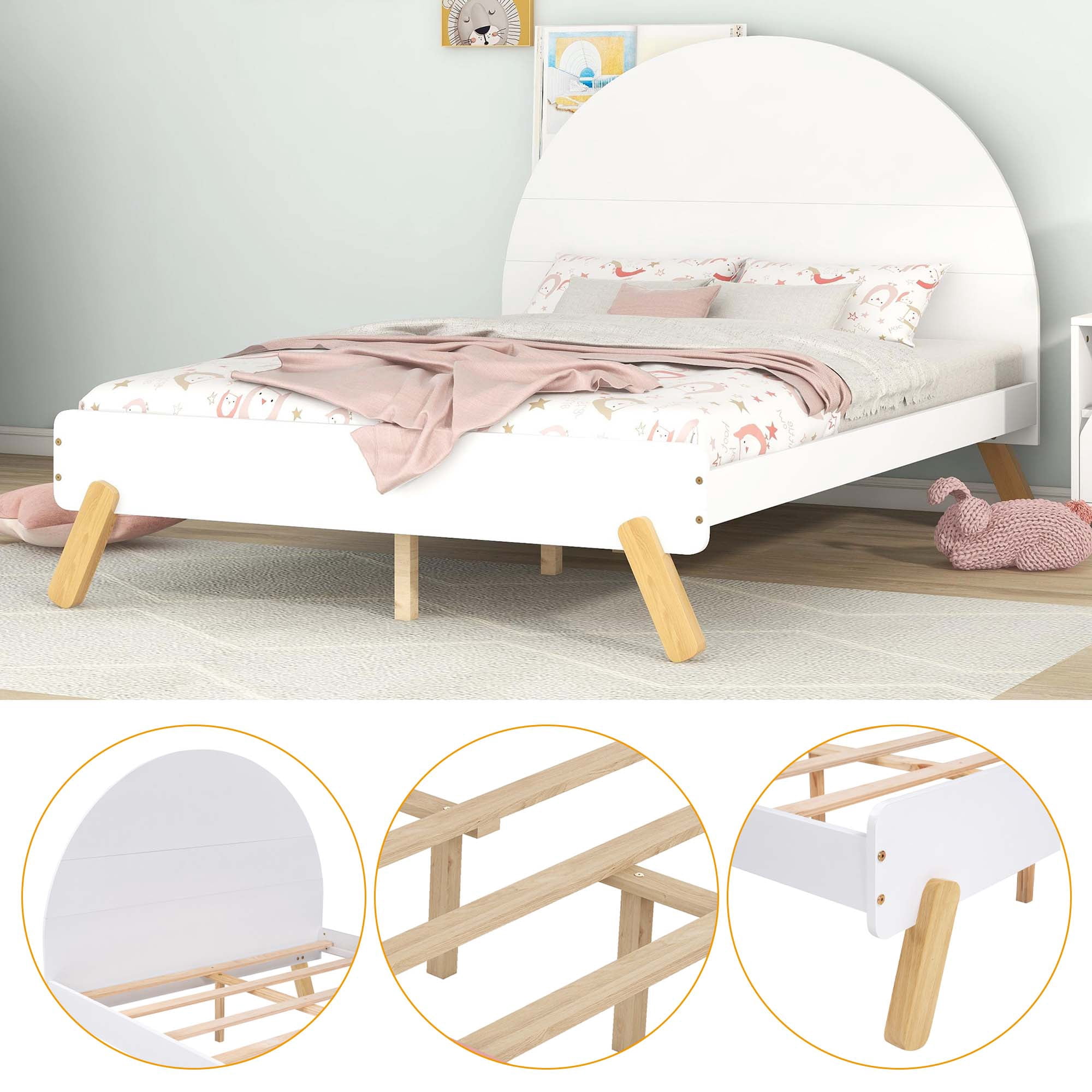 Aukfa Platform Bed for Kids, Full Size Bed Frame with Semi-circular Headboard, Wooden - White