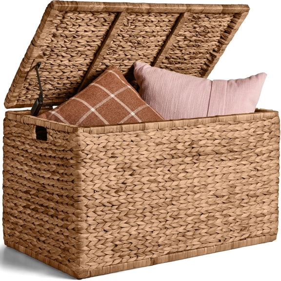 Storage Trunk w/Lid & Handles, Wicker Storage Toy Chest, Rattan Storage Bench, Wedding Trunk, Assembled for Living Room, Bedroom