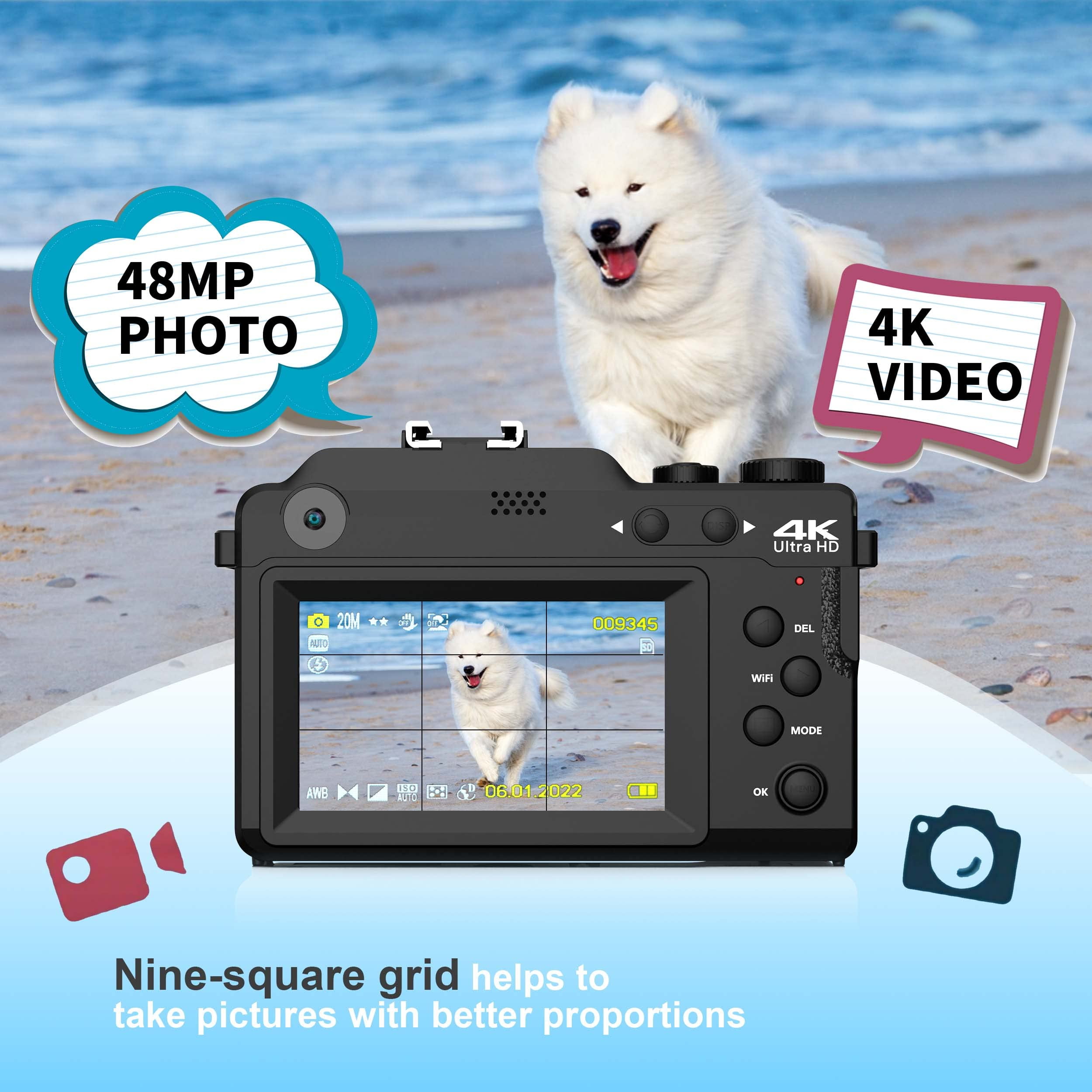 4K Digital Camera for YouTube 48MP Digital Cameras for Photograph Vlogging Camera with WiFi, 32G TF Card, Autofocus, Built-in 8 Color Filter