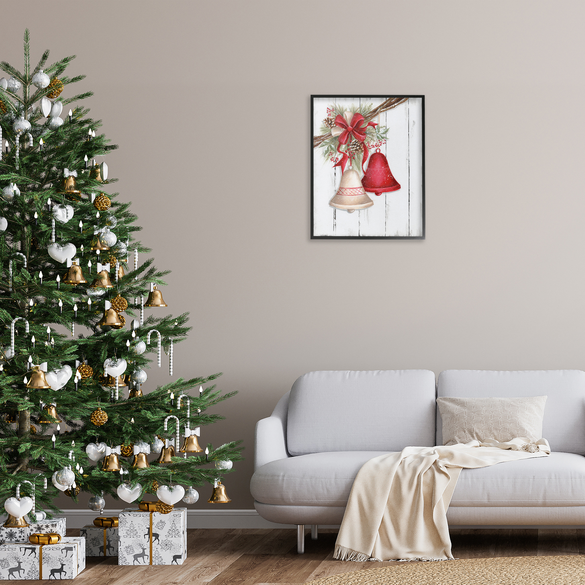 Stupell Industries Rustic Winter Bells Holiday Painting Black Framed Art Print Wall Art, 24 x 30