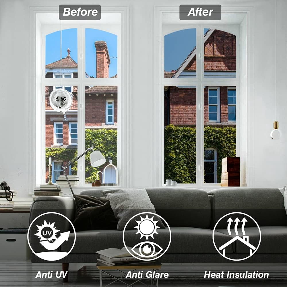 Window Film One Way Mirror Film Daytime Privacy Static Non-Adhesive Decorative Heat Control Anti UV Window Tint for Home and Office Silver for 19“Width