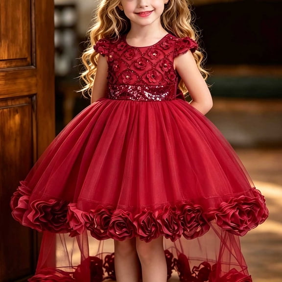 Girls Mini Gown Sequin Embroidery Flower Ruffle Sleeve Cinched A-Line Tutu Princess Dress Kids Elegant Fluffy Mesh Layered Dresses Wine 3-4 Years