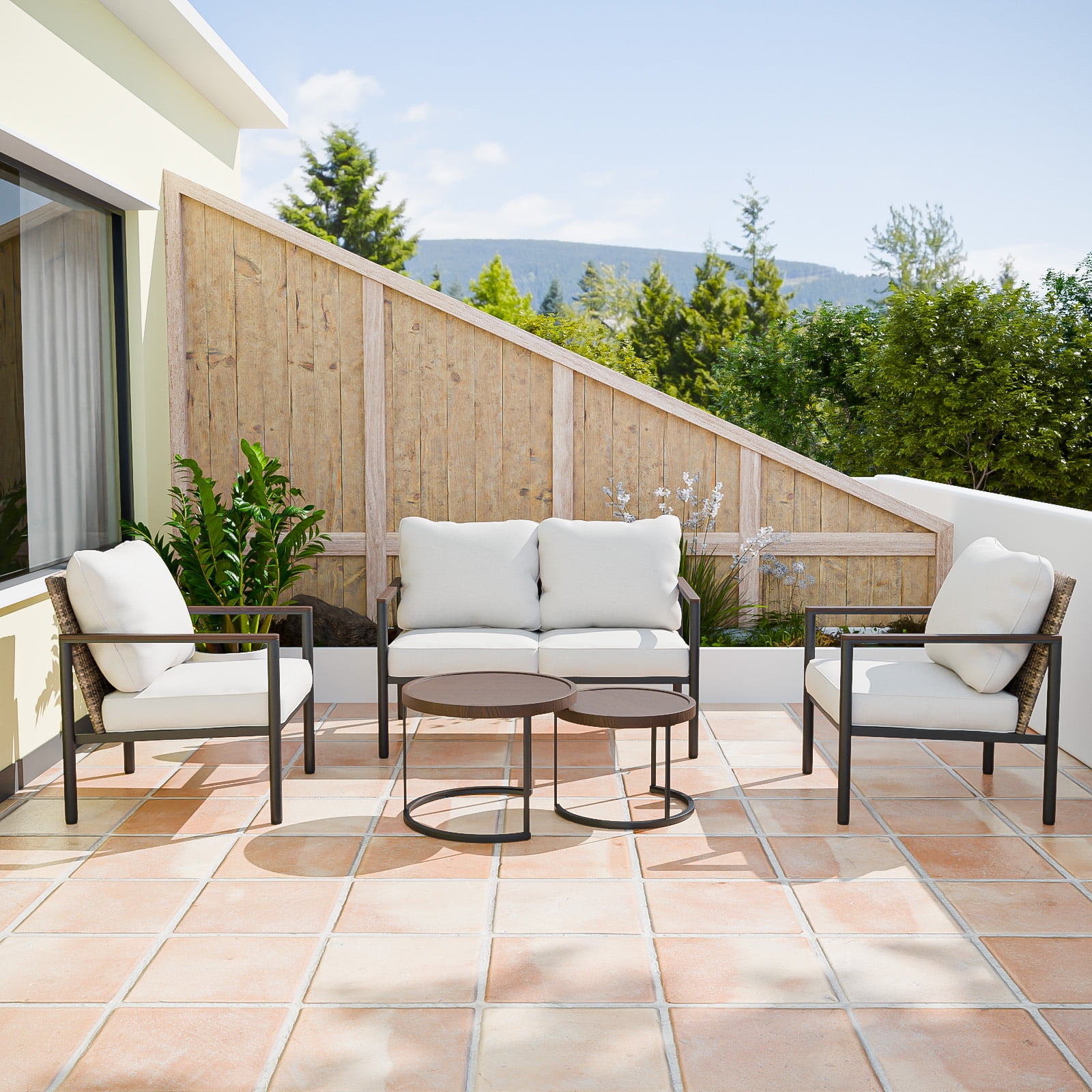 INTER HUT 5 PCS Patio Outdoor Conversation Set with Nesting Coffee Table,Modular Rattan Outdoor Patio Sectional Furniture Sofa Set for Backyard,Beige