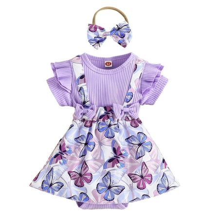 

Rovga Baby Girl Bodysuits Short Sleeve Floral Prints Ribbed Romper Bodysuits Dress Headbands Set