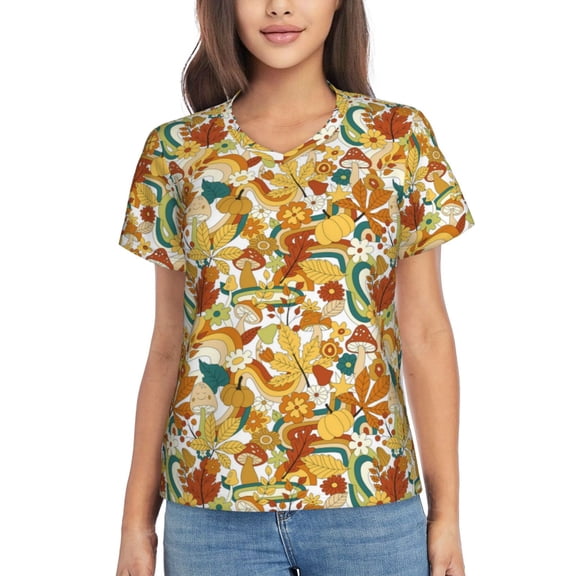 Vsdgher 70s Groovy Hippie Women Shirts V Neck Short Sleeve Tops T-Shirt Basic Tees, S to 3XLSmall