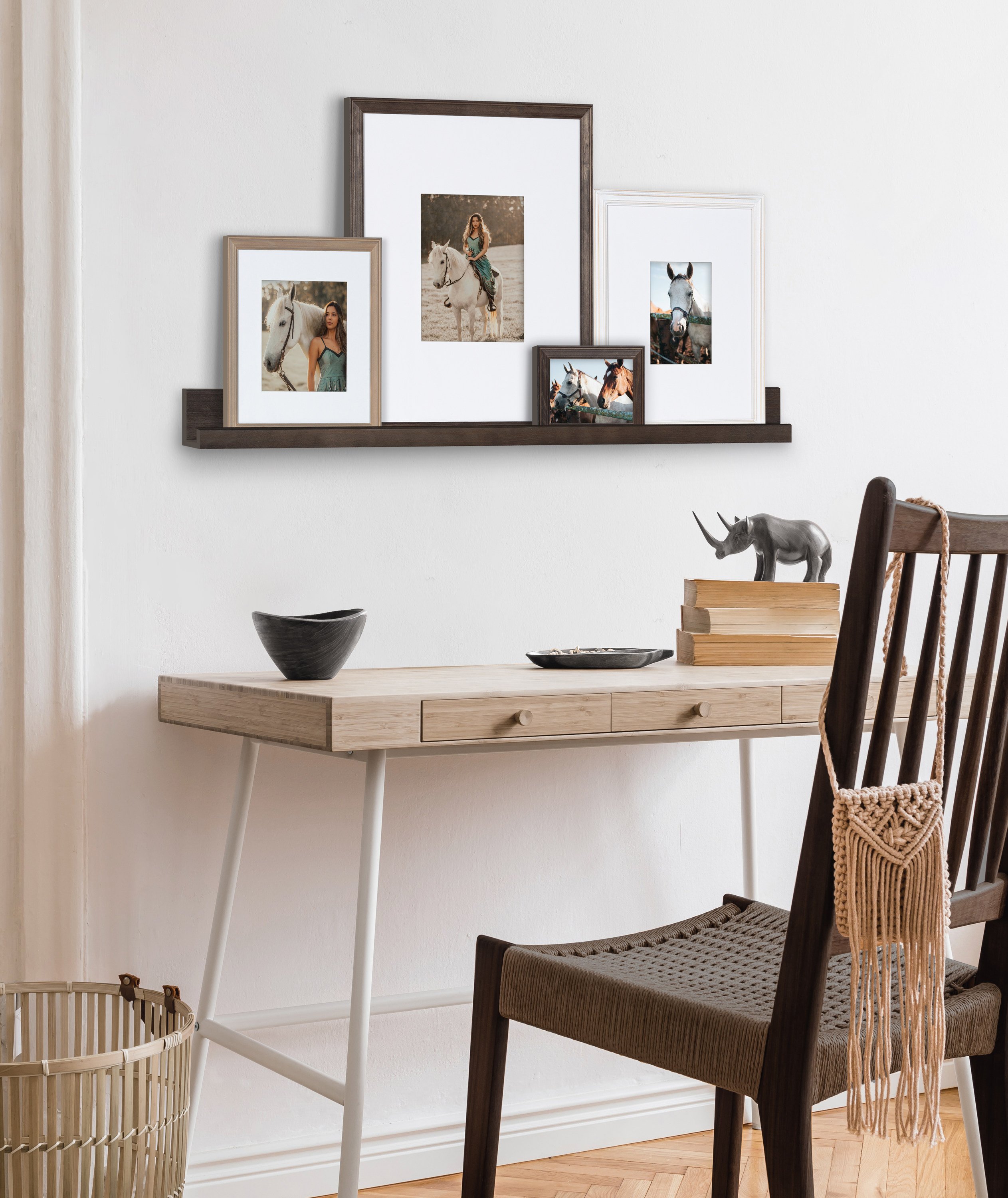 Kate and Laurel Bordeaux Gallery Wall Frame and Shelf Kit, Set of 5, Multiple Finishes, Assorted Size Wooden Frames and Display Shelf