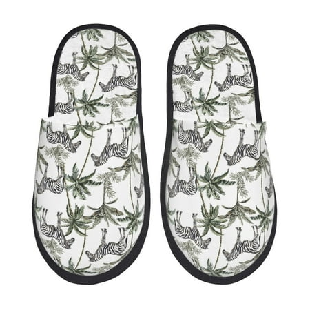 Balery Palm Trees Zebra Slient Indoor Furry Fleece Comfort House Shoes Soft Non-Slip Home Shoes Cotton slippers House Slippers-- Large