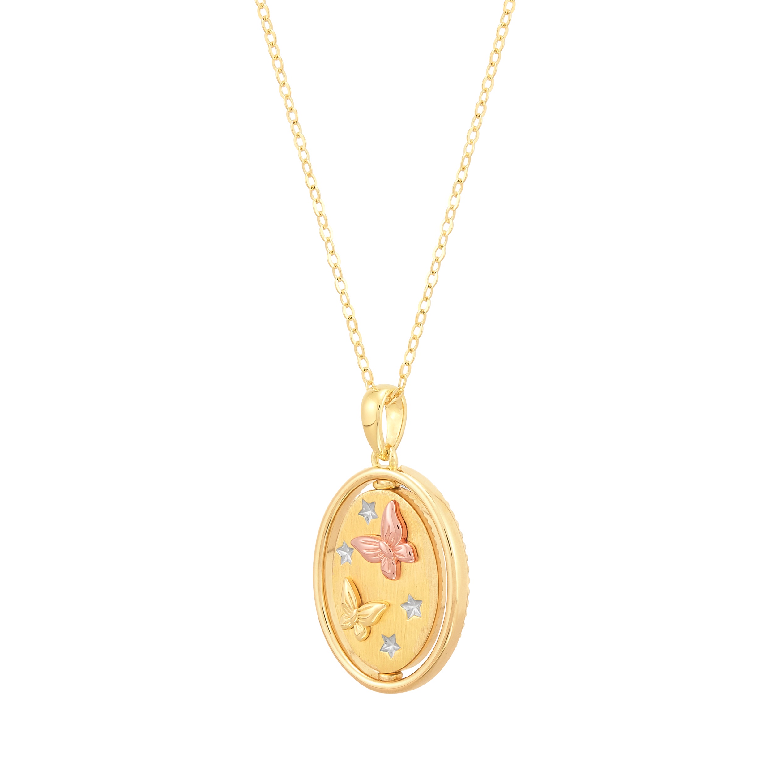 Brilliance Fine Jewelry Sterling Silver 14KT Gold Plated Spinning Butterfies Oval Pendant Necklace, 20"
