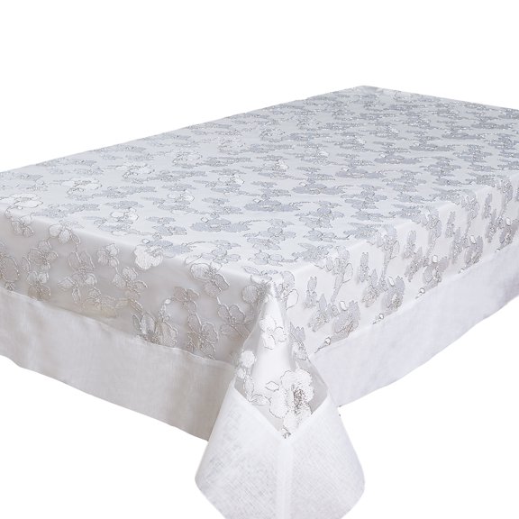 Violet Linen Ribbon Rose Mesh Lace Pattern, Polyester, Wire Lace Embroidery with Border, White, 54 Inch x 72 Inch, Seats 4 to 6 people, Rectangular Tablecloths