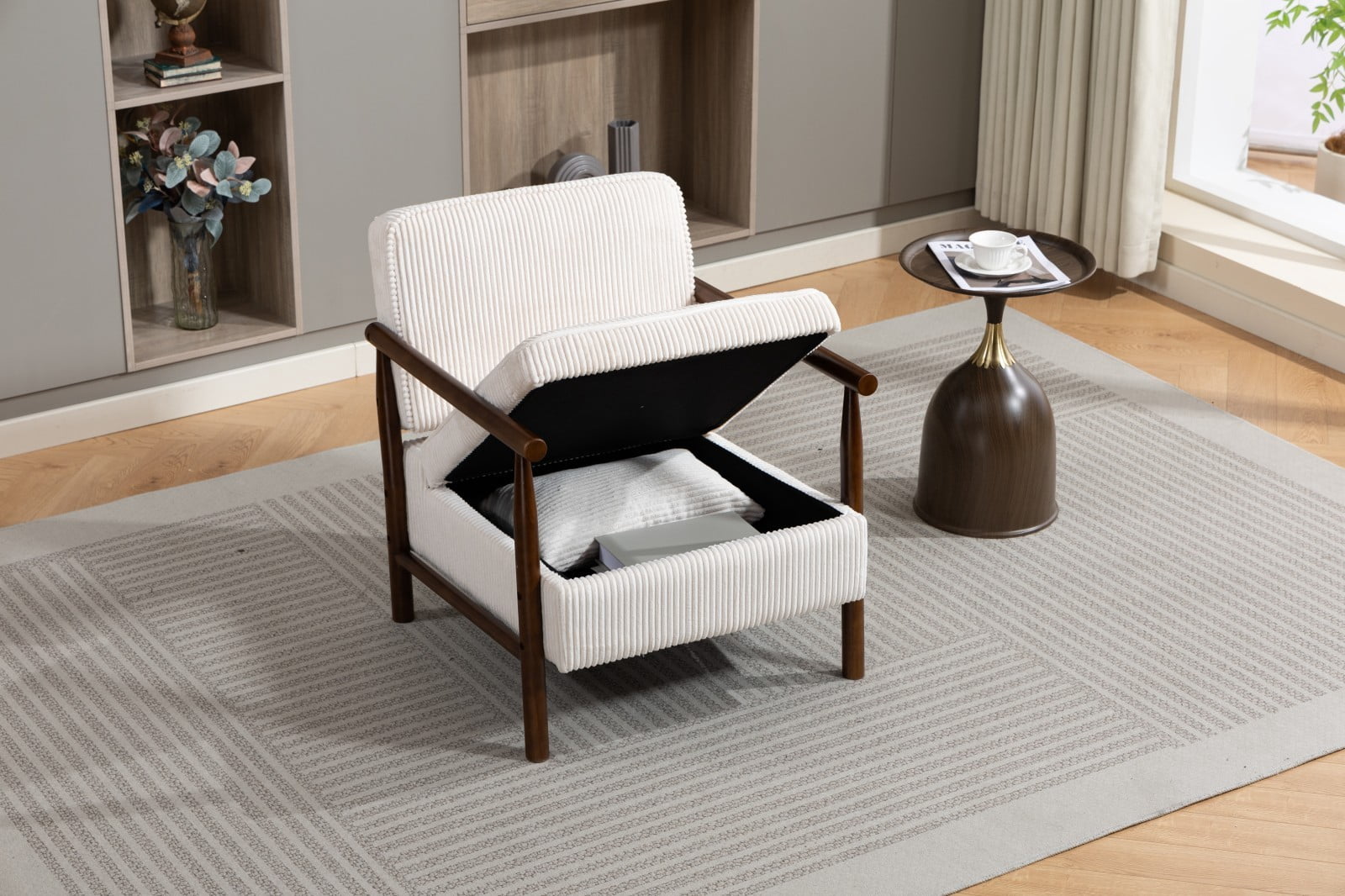 Storage Accent Chair Mid Century Modern Upholstered Armchair with Wood Frame & Waist Cushion for Living Room Bedroom Sunroom, Antique White