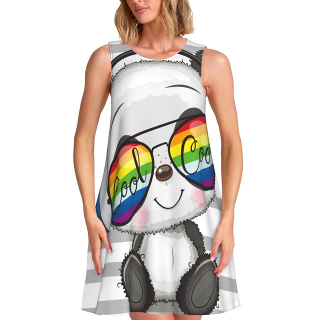 Disketp Panda with Sun glasses para Vestido sin Mangas para Mujeres, Vestidos de Verano para Mujeres, Casual y Holgado para la Playa