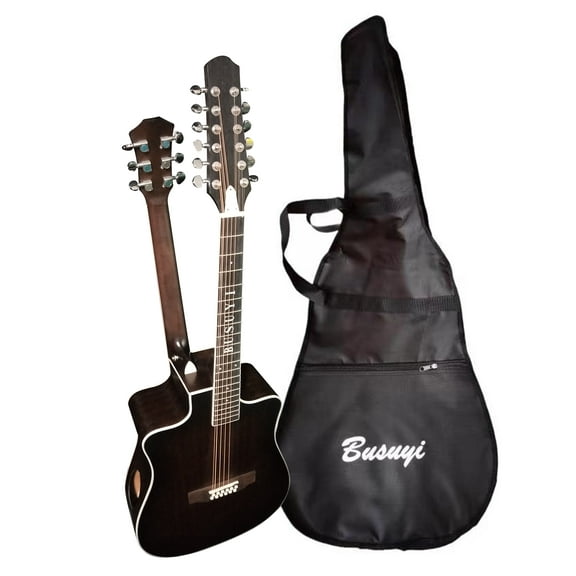 12 String Acoustic / 6 String Acoustic, Double Sided, Dreadnought, Travel, Busuyi Guitar, (TBlack) All Levels