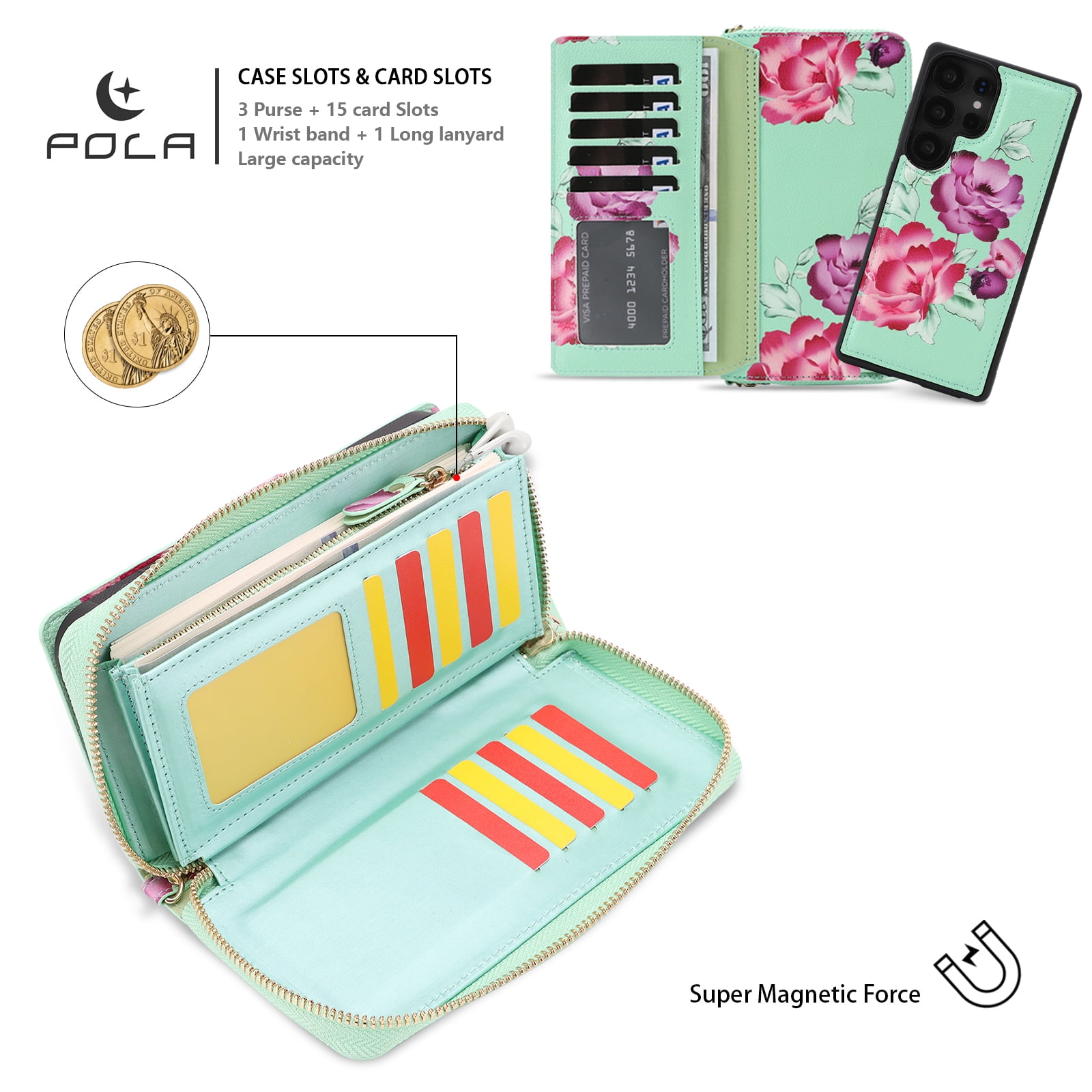 TECH CIRCLE 2-in-1 Wallet Case for Galaxy S25 Ultra (6.9", 2025), Detachable Magnetic Back Cover, PU Leather Flip Flower Phone Case with 15 Card Slots, Zipper Pocket, Wrist/Shoulder Strap, Green