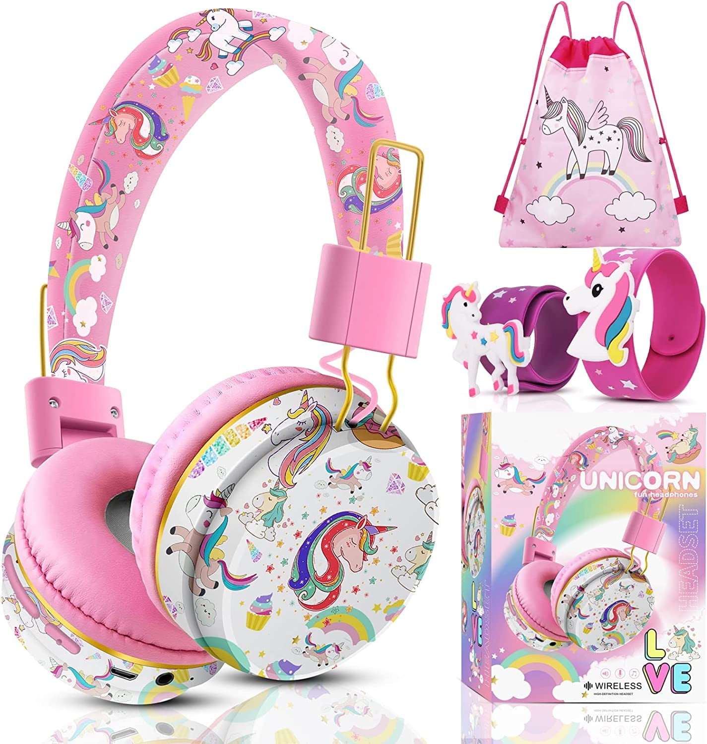 TCJJ Unicorn Headphones for Girls Kids for School, Kids Bluetooth Headphones with Microphone & 3.5mm Jack, Teens Toddlers Wireless Headphones with Adjustable Headband for Tablet/PC