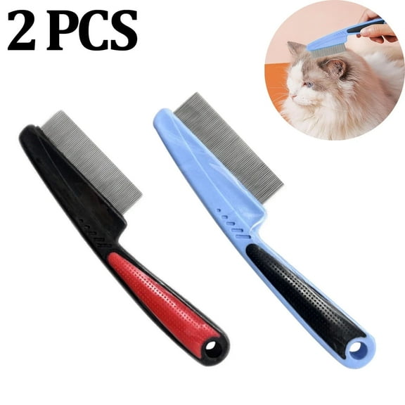 2 Packs Flea Comb with Rubber Handle, Flea and Tick Combs for Dogs & Cats, Fine Tooth Dog Comb for Grooming (Blue Red)