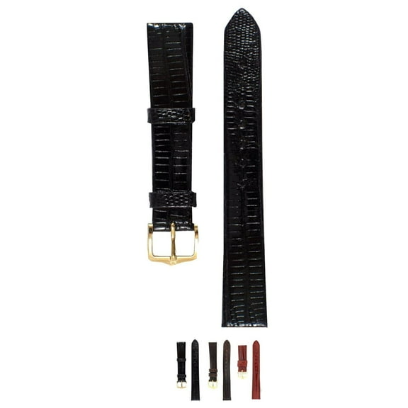 Hirsch Reptile Leather Watch Strap - Black - L - 17mm - Shiny Gold Buckle