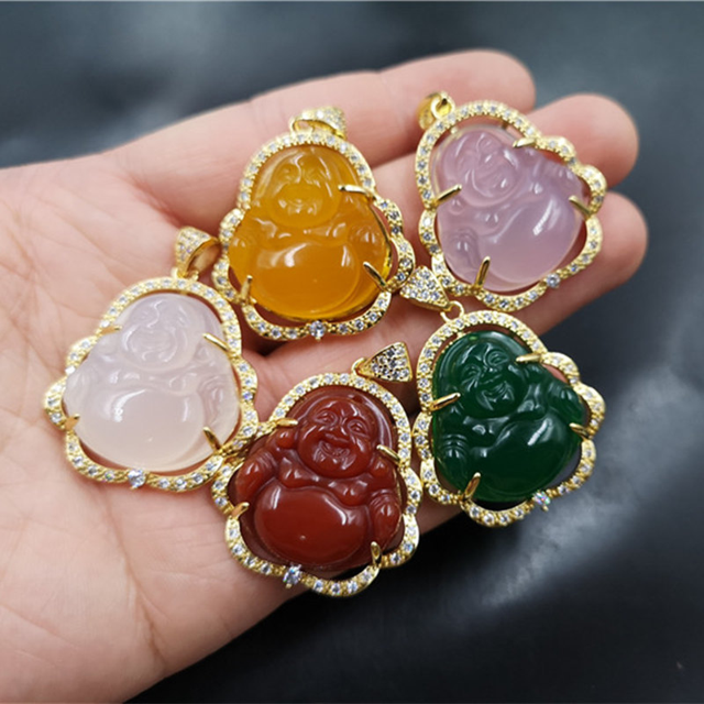 Colgante de calcedonia verde con incrustaciones de oro brillante de Agate Lane, Maitreya, colgante de Buda de gran barriga de ágata blanca