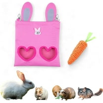 Hanging Rabbit Hay Feeder Bag with Carrot Chew Toy, Guinea Pig Hay Feeder for Bunnies Chinchilla Hamster Cage (Pink)
