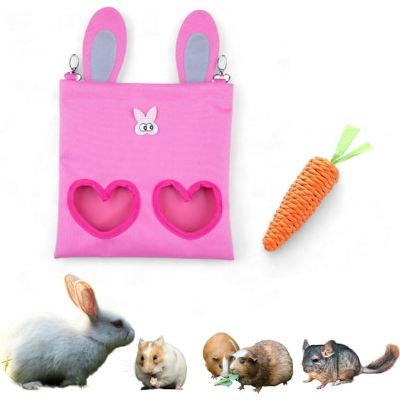 Hanging Rabbit Hay Feeder Bag with Carrot Chew Toy, Guinea Pig Hay Feeder for Bunnies Chinchilla Hamster Cage (Pink)
