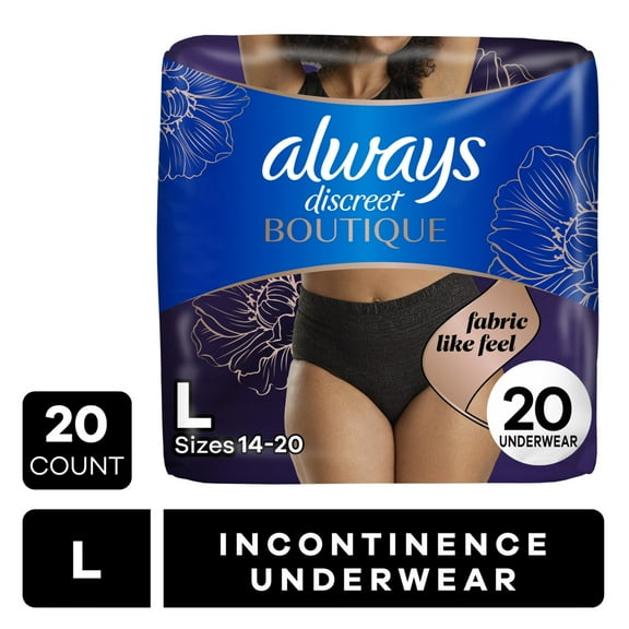 Always Discreet Boutique Incontinence and Postpartum Underwear for Women, Maximum Protection, L, Black, 20 Count