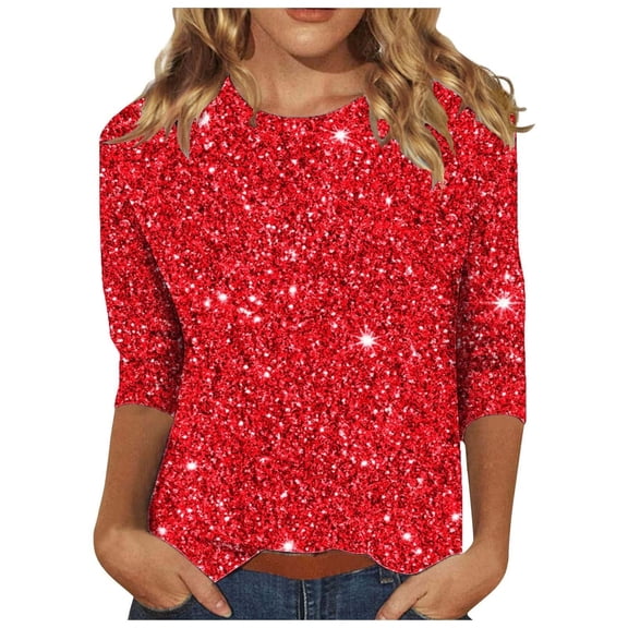 MIXUE Women T-Shirts 3/4 Sleeve Shiny Glitter Print Tunic Tee Tops Summer Crewneck Soft Casual Daily Wear Trendy Tshirts