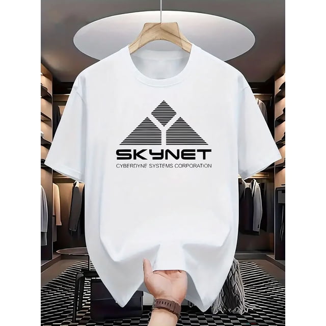 T-shirt Graphique SKYNET pour Hommes, Col Rond Rouge, Manches Courtes, avec Design Géométrique Futuriste