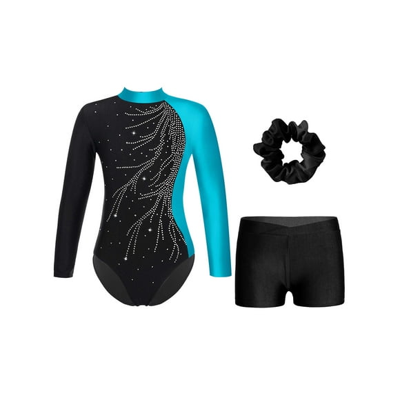 YONGHS Gymnastics Leotard for Girls Sparkly Dance Biketard Matching Hair Scrunchie Athletic Unitard Dance Costume Lake Blue&Black 12