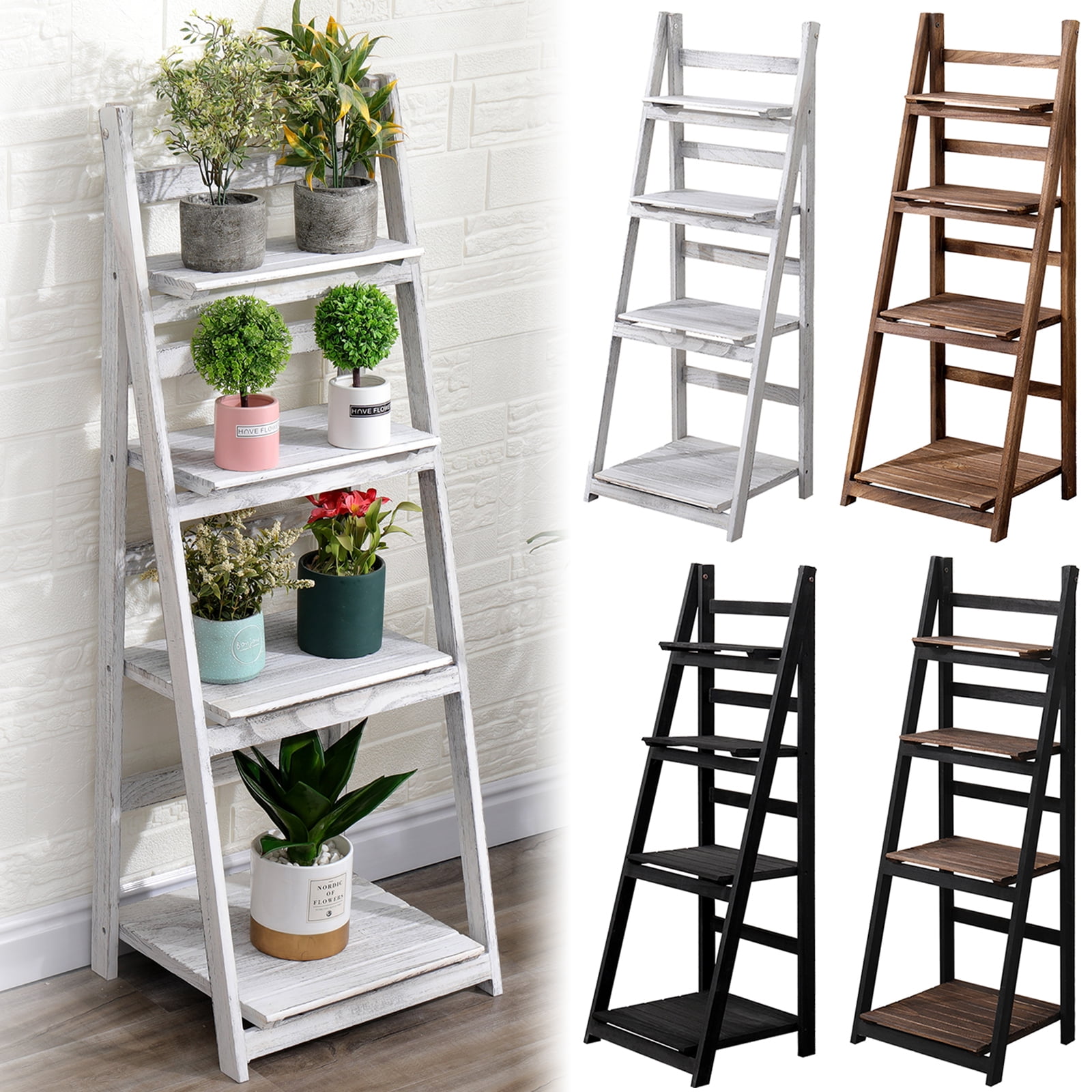 Wooden 4Tier Ladder Shelf Foldable Bookshelf Plant Stand