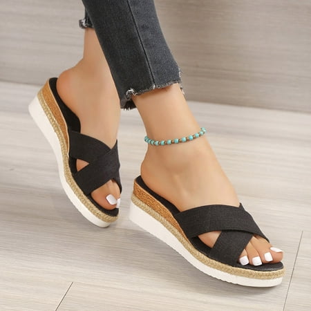 

Slippers Women Women Shoes Thick Soled Solid Color Slope Heel Open Toe Shoes Cloth Black 37