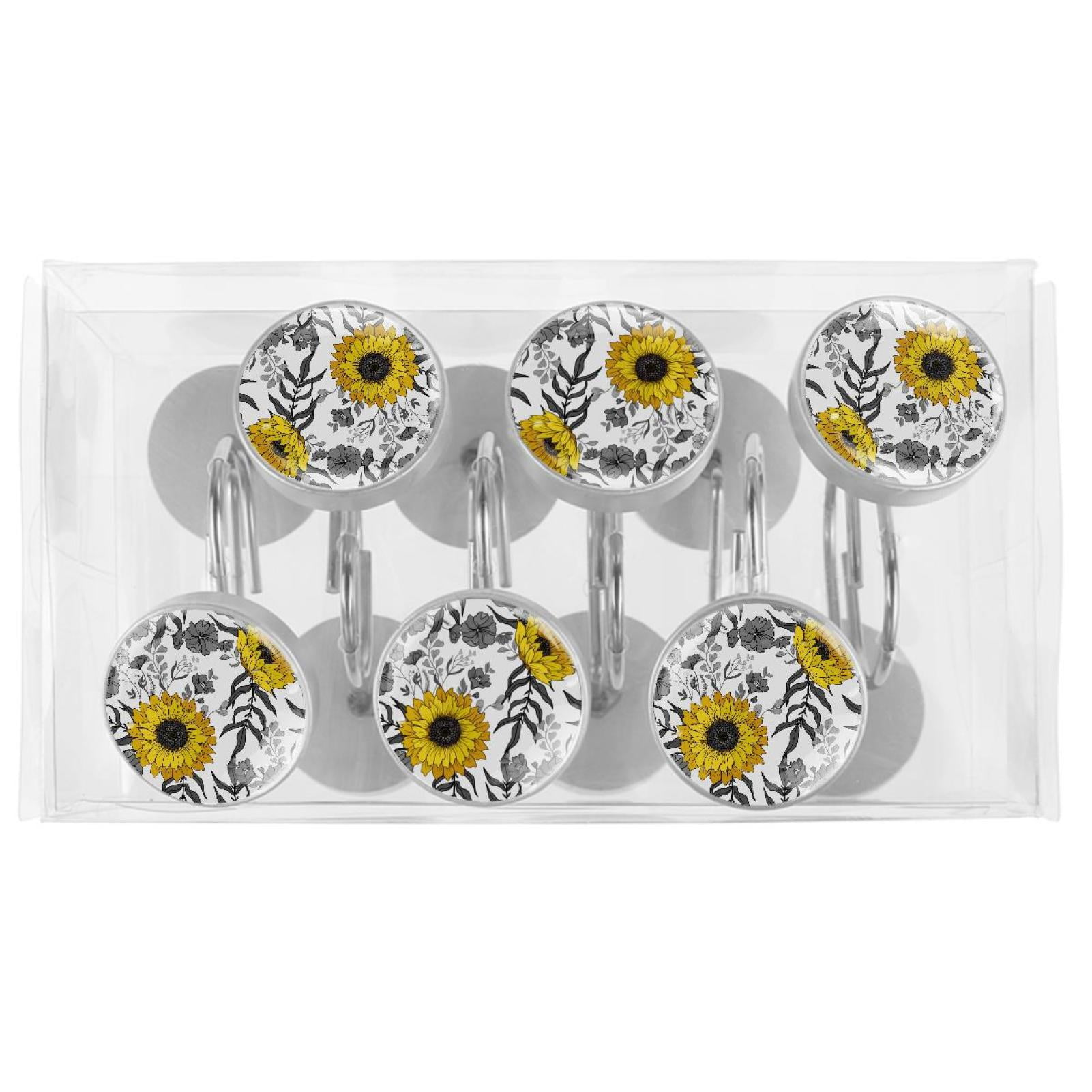 Sunflower Shower Curtain Hooks（Set of 12）for Home Hotel Shower Rods Bathroom Crystal Glass Print Stainless Steel Round Curtain Hooks