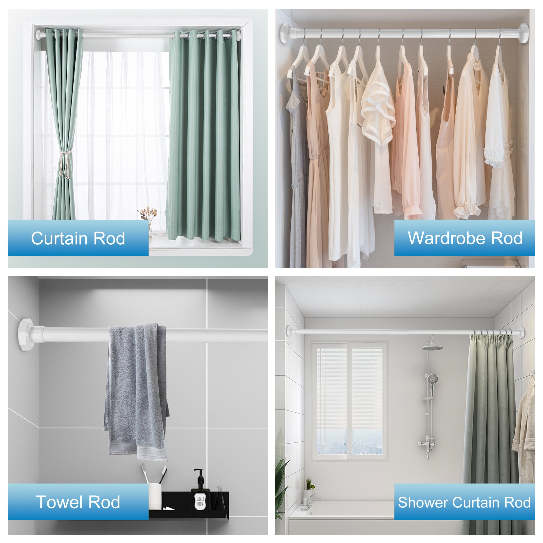 BEAMNOVA No Drill Telescopic Shower Curtain Rods, 44"-75" Adjustable Tension Rod, Rust-Resistant Stainless Steel for Windows Bathroom, White (1 Pack)