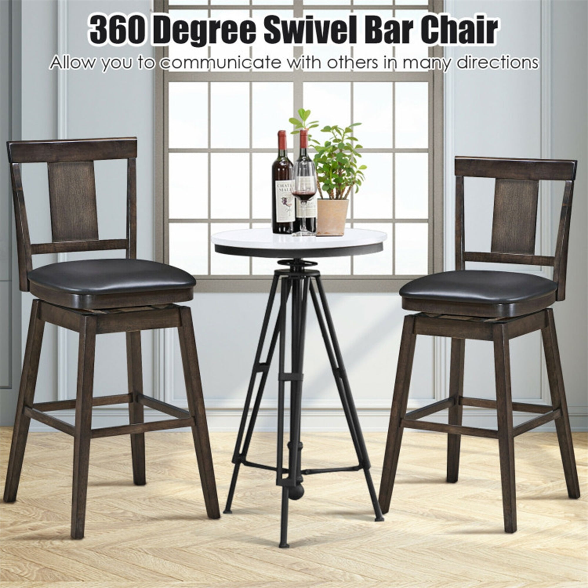 Demi Bonn 29" Swivel Upholstered Counter Height Bar Stools with Rubber Wood Legs, Modern Dining Chair with Backrests, Black