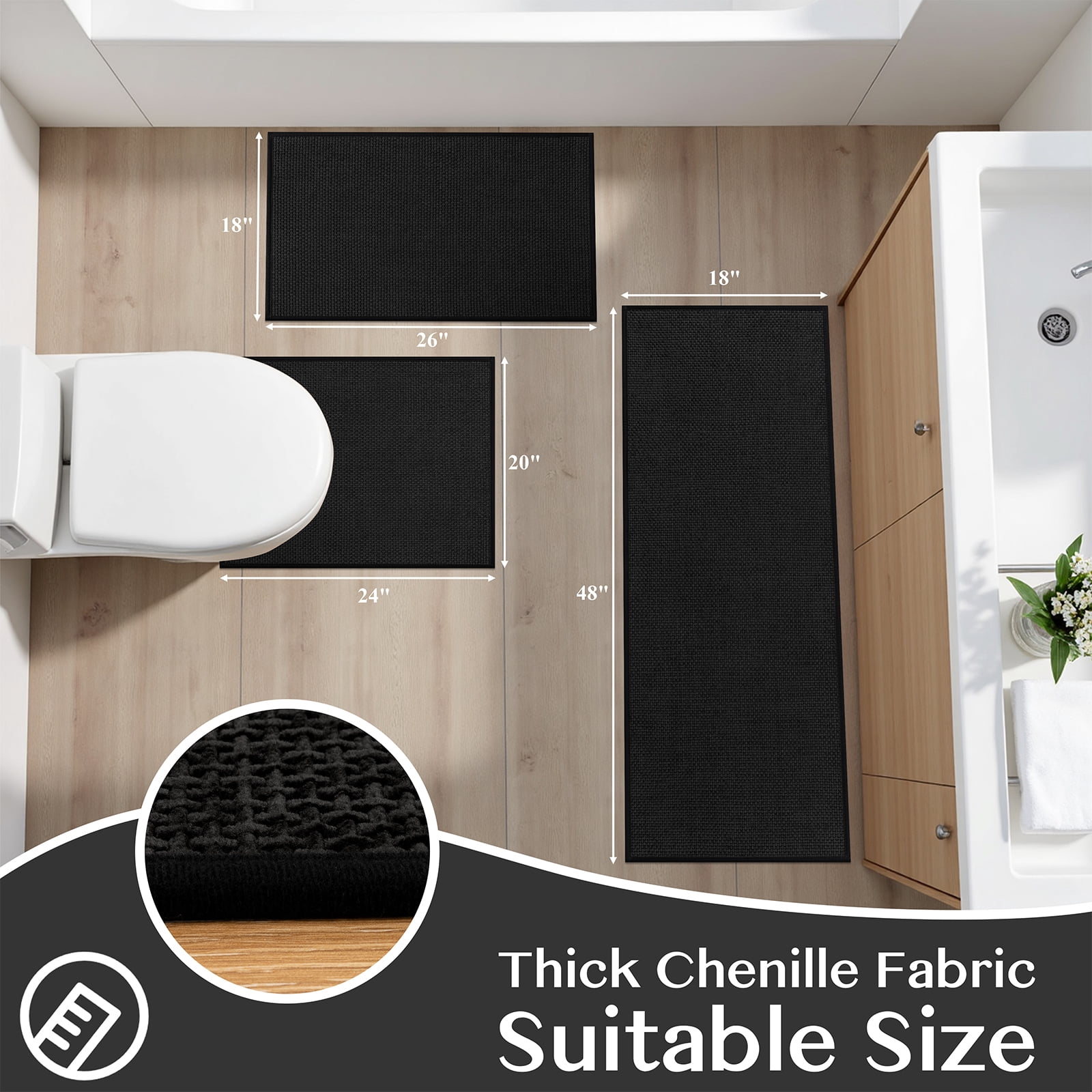 Ileading 3pcs Bathroom Rugs Set with U-Shaped Mat, Non Slip, Soft, Absorbent Bath Mats for Tub, Shower, Toilet 18"x26"+18"x48"+U Shape 20"x24" Black