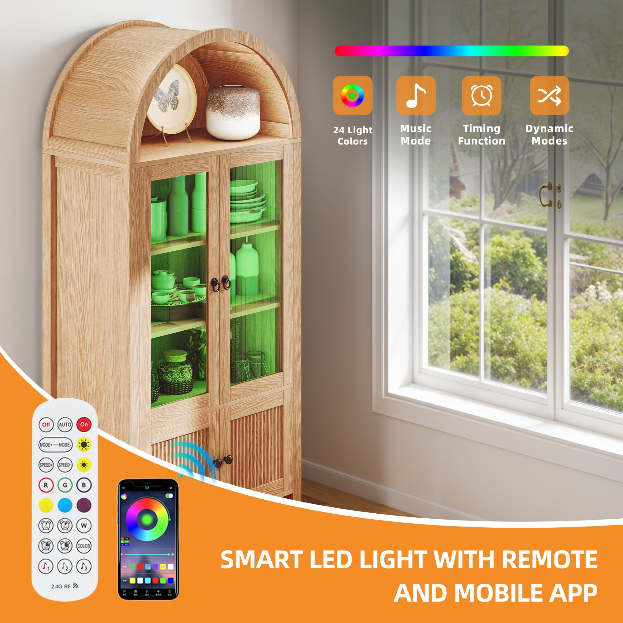 Craftian Arched Kitchen Pantry Storage Cabinet with LED Lights & Glass Doors, Display Cabinet, Natural