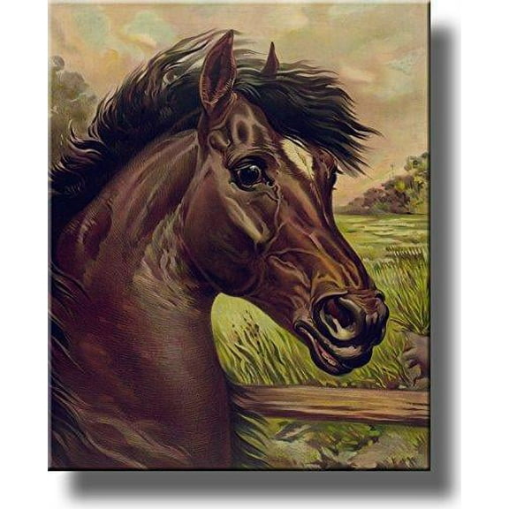Vintage Painting of Black Horse Picture on Stretched Canvas, Wall Art Decor Ready to Hang!.